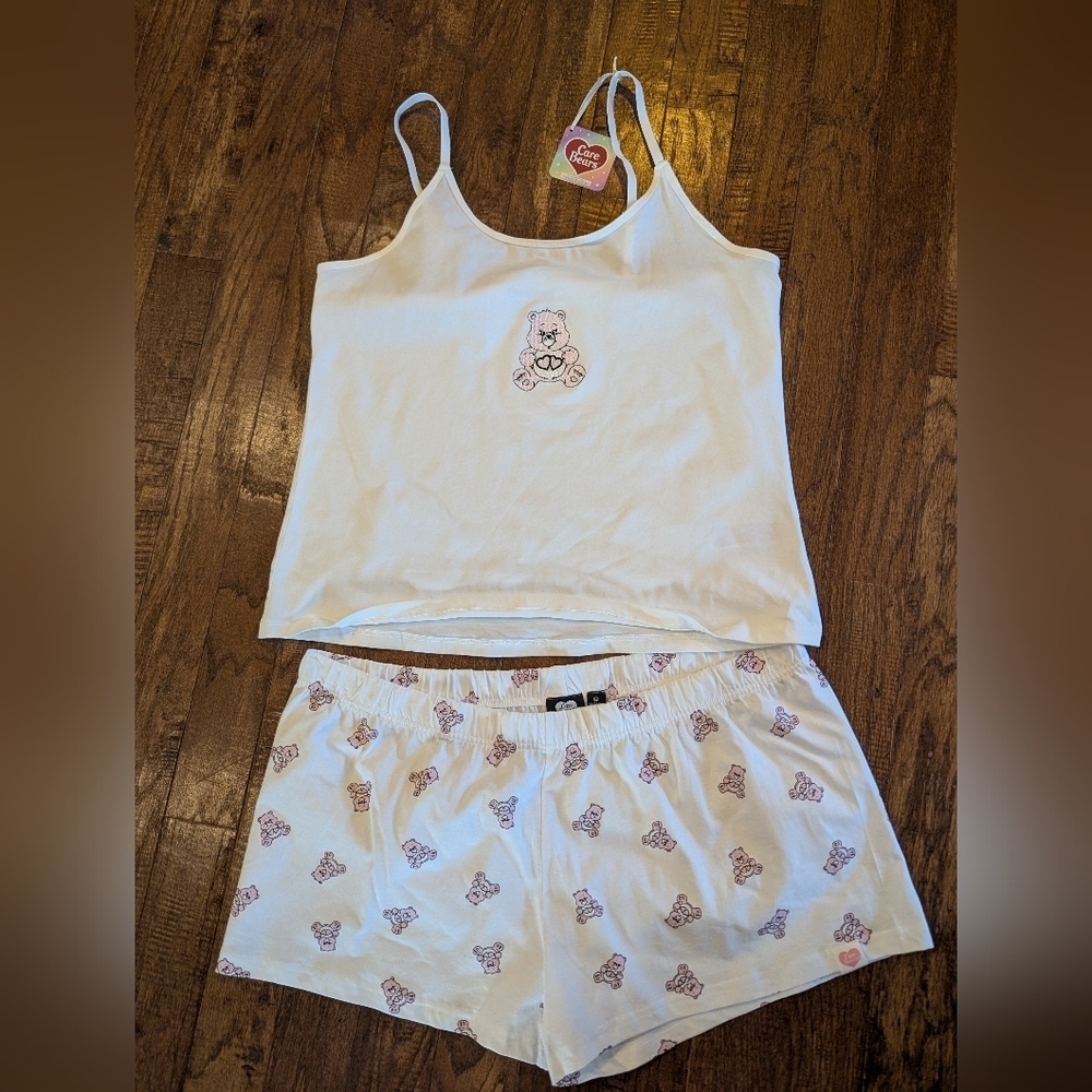 New Care bears Women's White & Pink  Love A Lot Sleepwear Set Cotton Sz XL 14/16